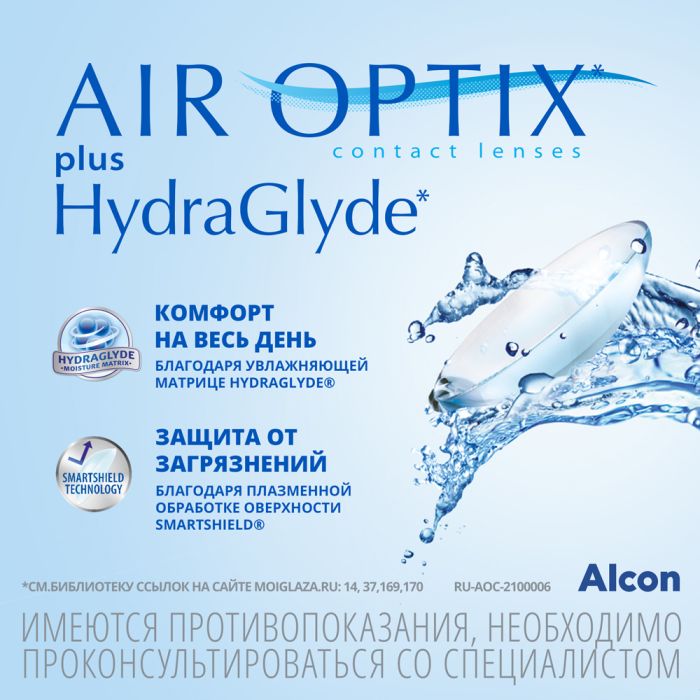 Силикон-гидрогелевые линзы Air Optix plus HydraGlyde 6pk