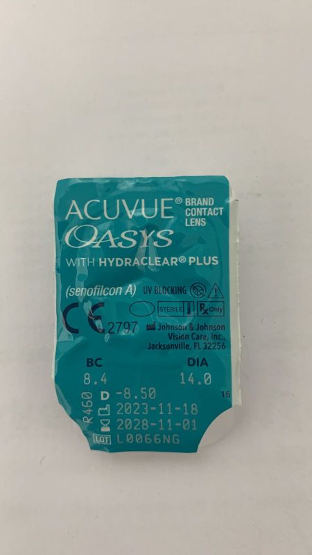 Силикон-гидрогелевые двухнедельные линзы Acuvue Oasys plus Hydraclear поштучно BC: 8.4, PWR: -8.50